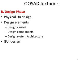 OOSAD textbookB. Design PhasePhysical DB designDesign elements Design classesDesign components Design system ArchitectureGUI design39