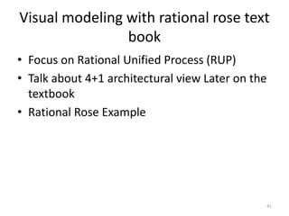 Visual modeling with rational rose text bookFocus on Rational Unified Process (RUP)Talk about 4+1 architectural view Later on the textbookRational Rose Example41