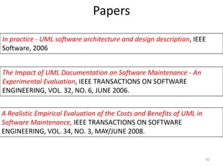 Papers 82In practice - UML software architecture and design description, IEEE Software, 2006The Impact of UML Documentation on Software Maintenance - An Experimental Evaluation, IEEE TRANSACTIONS ON SOFTWARE ENGINEERING, VOL. 32, NO. 6, JUNE 2006.A Realistic Empirical Evaluation of the Costs and Benefits of UML in Software Maintenance, IEEE TRANSACTIONS ON SOFTWARE ENGINEERING, VOL. 34, NO. 3, MAY/JUNE 2008.
