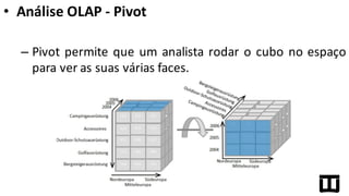 • Análise	
  OLAP	
  -­‐ Pivot
– Pivot permite que um analista rodar o cubo no espaço
para ver as suas várias faces.
 