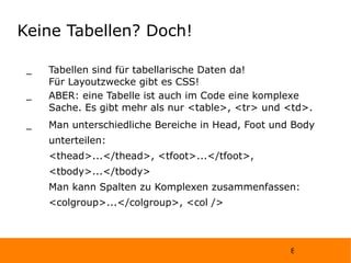 Keine Tabellen? Doch! Tabellen sind für tabellarische Daten da!  Für Layoutzwecke gibt es CSS! ABER: eine Tabelle ist auch im Code eine komplexe Sache. Es gibt mehr als nur <table>, <tr> und <td>. Man unterschiedliche Bereiche in Head, Foot und Body unterteilen: <thead>...</thead>, <tfoot>...</tfoot>, <tbody>...</tbody> Man kann Spalten zu Komplexen zusammenfassen: <colgroup>...</colgroup>, <col /> 