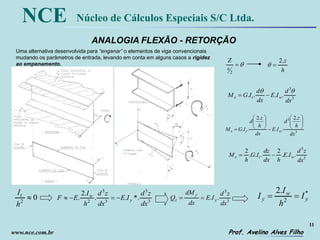 11
Prof. Avelino Alves Filho
NCE Núcleo de Cálculos Especiais S/C Ltda.
www.nce.com.br
ANALOGIA FLEXÃO - RETORÇÃO

2
h
Z
h
z.2

3
3
....
dx
d
IE
dx
d
IGM wtx


3
3 .2
..
.2
..
dx
h
z
d
IE
dx
h
z
d
IGM wtx














3
3
...
2
...
2
dx
zd
IE
hdx
dz
IG
h
M wtx 
02

h
It
3
3
3
3
2
.*..
.2
.
dx
zd
IE
dx
zd
h
I
EF y
w
 3
3
..
dx
zd
IE
dx
dM
Q y
y
z 
*
2
.2
y
w
y I
h
I
I 
Uma alternativa desenvolvida para “enganar” o elementos de viga convencionais
mudando os parâmetros de entrada, levando em conta em alguns casos a rigidez
ao empenamento.
 