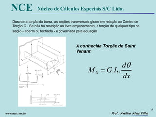 5
Prof. Avelino Alves Filho
NCE Núcleo de Cálculos Especiais S/C Ltda.
www.nce.com.br
Durante a torção da barra, as seções transversais giram em relação ao Centro de
Torção C . Se não há restrição ao livre empenamento, a torção de qualquer tipo de
seção - aberta ou fechada - é governada pela equação
dx
d
IGM tx

..
A conhecida Torção de Saint
Venant
 