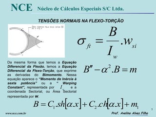 7
Prof. Avelino Alves Filho
NCE Núcleo de Cálculos Especiais S/C Ltda.
www.nce.com.br
TENSÕES NORMAIS NA FLEXO-TORÇÃO
si
w
ft
w
I
B
.
mBB  .2

    121 .... mxchCxshCB  
Da mesma forma que temos a Equação
Diferencial da Flexão, temos a Equação
Diferencial da Flexo-Torção, que exprime
as derivadas do Bimomento. Nessa
equação aparece o “Momento de Inércia à
sexta potência” ou a “ Warping
Constant”, representada por e a
coordenada Sectorial, ou Área Sectorial
representada por w.
w
I
 