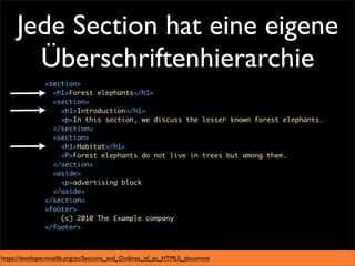 Jede Section hat eine eigene
       Überschriftenhierarchie




https://developer.mozilla.org/en/Sections_and_Outlines_of_an_HTML5_document
 
