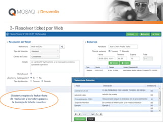 3- Resolver ticket por Web
El sistema registra la fecha y hora
de resolución y los tickets pasan a
la bandeja de tickets resueltos
/ Desarrollo
 