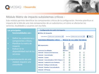 Módulo Matriz de impacto subsistemas críticos -
Este módulo permite identificar los componentes críticos de la configuración. Permite planificar el
impacto de la falla de uno más componentes de un subsistema y el cómo se afectarían los
servicios, localidades y usuarios con esa falla.
Las principales
funcionalidades son :
• Definir los subsistemas y
componentes críticos,
• Planificar la matriz de
impacto
• Evaluar la no
disponibilidad real de los
servicios
La implementación de este
módulo requiere una
consultoría
/ Desarrollo
 