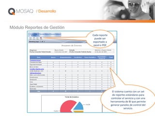 Módulo Reportes de Gestión
El sistema cuenta con un set
de reportes estándares para
controlar el servicio y con una
herramienta de BI que permite
generar paneles de control del
servicio.
Cada reporte
puede ser
exportado a
excel o PDF
/ Desarrollo
 