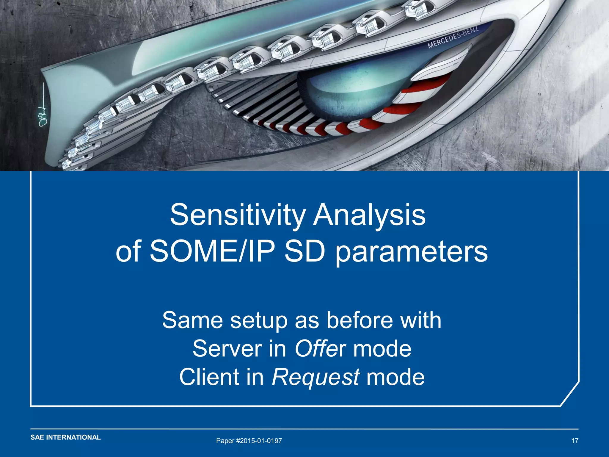 SAE INTERNATIONAL Paper #2015-01-0197 17
Sensitivity Analysis
of SOME/IP SD parameters
Same setup as before with
Server in Offer mode
Client in Request mode
 