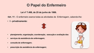 O Papel do Enfermeiro
Lei nº 7.498, de 25 de junho de 1986.
•Art. 11 - O enfermeiro exerce todas as atividades de Enfermagem, cabendo-lhe:
• I - privativamente:
• planejamento, organização, coordenação, execução e avaliação dos
• serviços da assistência de enfermagem;
• consulta de enfermagem;
• prescrição da assistência de enfermagem;
 