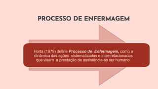 PROCESSO DE ENFERMAGEM
Horta (1979) define Processo de Enfermagem, como a
dinâmica das ações sistematizadas e inter-relacionadas
que visam a prestação de assistência ao ser humano.
 