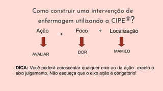 Ação
+
Foco + Localização
DOR
DICA: Você poderá acrescentar qualquer eixo ao da ação exceto o
eixo julgamento. Não esqueça que o eixo ação é obrigatório!
AVALIAR
MAMILO
Como construir uma intervenção de
enfermagem utilizando a CIPE®?
 