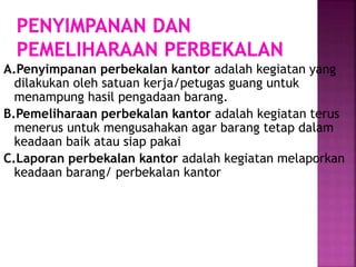 A.Penyimpanan perbekalan kantor adalah kegiatan yang
dilakukan oleh satuan kerja/petugas guang untuk
menampung hasil pengadaan barang.
B.Pemeliharaan perbekalan kantor adalah kegiatan terus
menerus untuk mengusahakan agar barang tetap dalam
keadaan baik atau siap pakai
C.Laporan perbekalan kantor adalah kegiatan melaporkan
keadaan barang/ perbekalan kantor
 