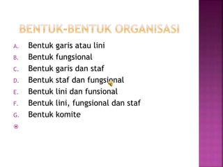A. Bentuk garis atau lini
B. Bentuk fungsional
C. Bentuk garis dan staf
D. Bentuk staf dan fungsional
E. Bentuk lini dan funsional
F. Bentuk lini, fungsional dan staf
G. Bentuk komite

 