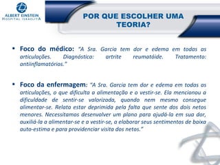 POR QUE ESCOLHER UMA
TEORIA?

• Foco do médico: “A Sra. Garcia tem dor e edema em todas as
articulações.
Diagnóstico:
antiinflamatórios.”

artrite

reumatóide.

Tratamento:

• Foco da enfermagem: “A Sra. Garcia tem dor e edema em todas as
articulações, o que dificulta a alimentação e o vestir-se. Ela mencionou a
dificuldade de sentir-se valorizada, quando nem mesmo consegue
alimentar-se. Relata estar deprimida pela falta que sente dos dois netos
menores. Necessitamos desenvolver um plano para ajudá-la em sua dor,
auxiliá-la a alimentar-se e a vestir-se, a elaborar seus sentimentos de baixa
auto-estima e para providenciar visita dos netos.”

 