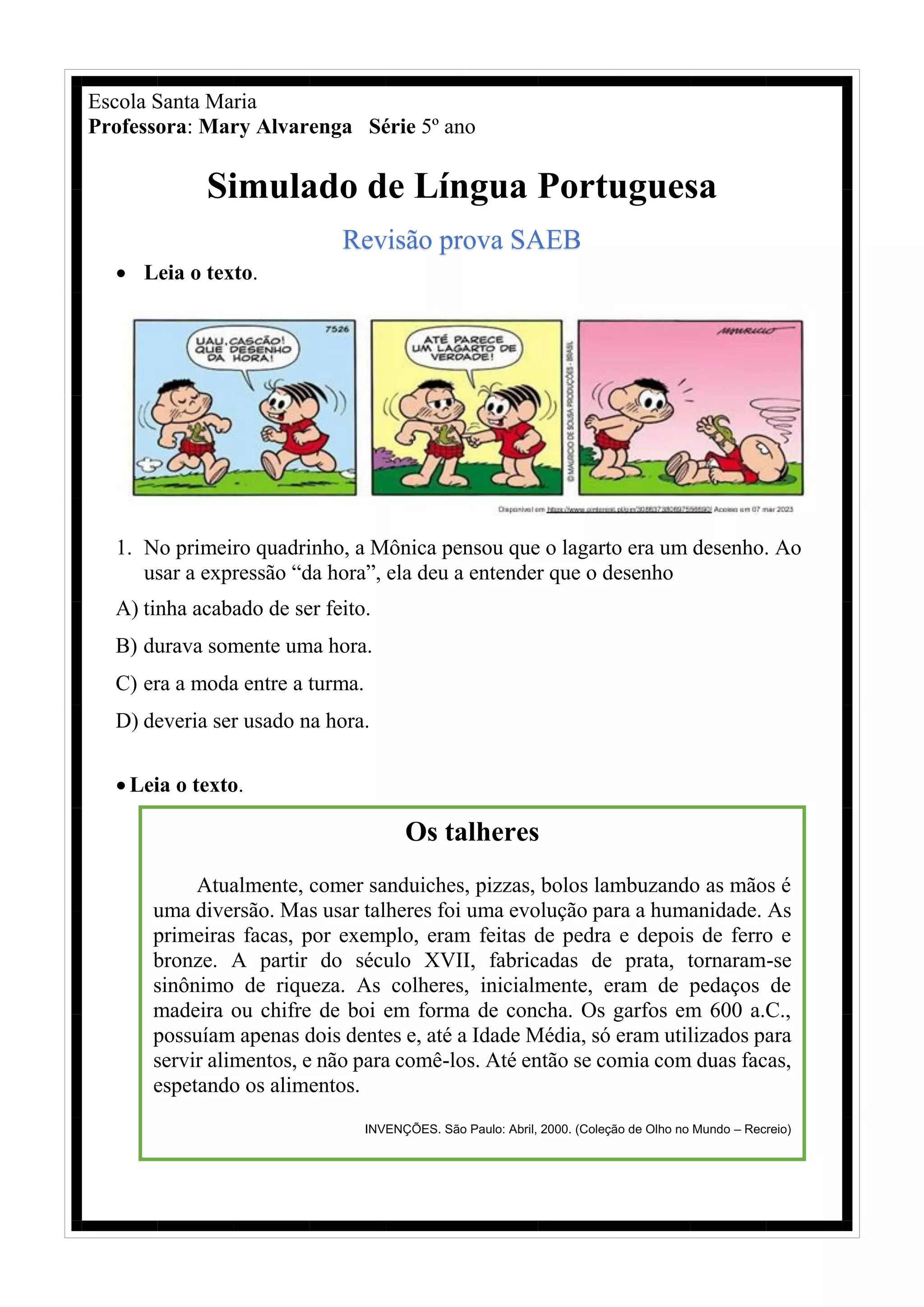 Simulado de Língua Portuguesa - Revisão prova SAEB | PDF