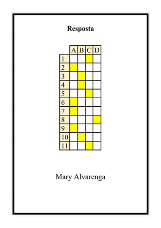 Resposta
A B C D
1
2
3
4
5
6
7
8
9
10
11
Mary Alvarenga
 