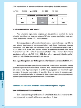Unidade5Matemática
102
Qual a quantidade de homens que bebem café no grupo de 1 000 pessoas?
(A) 700	 (B) 660	 (C) 392	 (D) 308	 (E) 260
O que o resultado do item indica?
	 Para solucionar o problema proposto, um dos caminhos possíveis é o aluno
primeiro identificar que no grupo existem 70% de pessoas que bebem café, por-
tanto: Bebem café = 1 000 x 0,7 = 700 pessoas.
	 Entre os que bebem café, existem tanto homens como mulheres, e o problema
quer saber a quantidade de homens que bebem café. Como é dado que, entre os
que bebem café, 44% deles são mulheres, o total de mulheres que bebem café é:  
700 x 0,44 = 308. Assim, para achar o número de homens que bebem café, basta
fazer a diferença entre o total de pessoas que bebem café e o número de mulheres
que bebem café, ou seja: 700 - 308 = 392. Esse valor é o que está indicado na alter-
nativa “C”, que foi assinalada por 26% dos alunos.
Que sugestões podem ser dadas para melhor desenvolver essa habilidade?
	 A habilidade tratada é necessária para que o aluno resolva problemas com os
quais se deparará cotidianamente e, portanto, deve ser exaustivamente trabalhada
em sala de aula. Alguns exemplos de problemas que podem ser trabalhados: por-
centagem de alunos, porcentagem de questões de prova, índice de aprovação, por-
centual de variação da bolsa de valores e do dólar, porcentagem de reajuste salarial,
porcentagem de aprovação de determinado candidato etc.
Descritor 17 – Resolver problema envolvendo equação do 2.º grau
Que habilidade pretendemos avaliar?
	 Com esse descritor, pretende-se medir a habilidade de o aluno resolver proble-
mas em que seja necessário utilizar uma equação de 2º grau.
Percentual de respostas às alternativas
A B C D E
13% 23% 26% 11% 26%
 