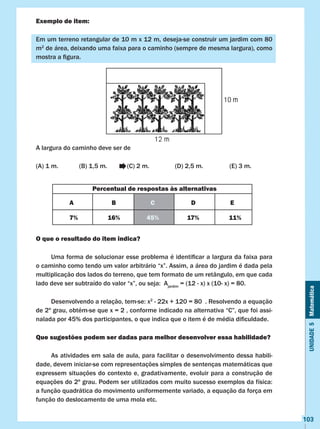 Unidade5Matemática
103
Exemplo de item:
Em um terreno retangular de 10 m x 12 m, deseja-se construir um jardim com 80
m2
de área, deixando uma faixa para o caminho (sempre de mesma largura), como
mostra a figura.
A largura do caminho deve ser de
(A) 1 m.	 (B) 1,5 m.	 (C) 2 m.		 (D) 2,5 m.		 (E) 3 m.
O que o resultado do item indica?
	 Uma forma de solucionar esse problema é identificar a largura da faixa para
o caminho como tendo um valor arbitrário “x”. Assim, a área do jardim é dada pela
multiplicação dos lados do terreno, que tem formato de um retângulo, em que cada
lado deve ser subtraído do valor “x”, ou seja:  Ajardim
= (12 - x) x (10- x) = 80.
	 Desenvolvendo a relação, tem-se: x2
- 22x + 120 = 80 . Resolvendo a equação
de 2º grau, obtém-se que x = 2 , conforme indicado na alternativa “C”, que foi assi-
nalada por 45% dos participantes, o que indica que o item é de média dificuldade.
Que sugestões podem ser dadas para melhor desenvolver essa habilidade?
	 As atividades em sala de aula, para facilitar o desenvolvimento dessa habili-
dade, devem iniciar-se com representações simples de sentenças matemáticas que
expressem situações do contexto e, gradativamente, evoluir para a construção de
equações do 2º grau. Podem ser utilizados com muito sucesso exemplos da física:
a função quadrática do movimento uniformemente variado, a equação da força em
função do deslocamento de uma mola etc.
Percentual de respostas às alternativas
A B C D E
7% 16% 45% 17% 11%
 