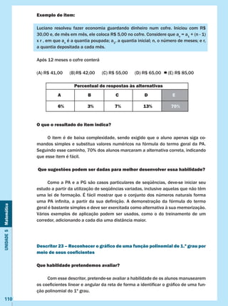 Unidade5Matemática
110
Exemplo de item:
Luciano resolveu fazer economia guardando dinheiro num cofre. Iniciou com R$
30,00 e, de mês em mês, ele coloca R$ 5,00 no cofre. Considere que an
= a1
+ (n - 1)
x r , em que an
é a quantia poupada; a1
, a quantia inicial; n, o número de meses; e r,
a quantia depositada a cada mês.
Após 12 meses o cofre conterá
(A) R$ 41,00 (B)	R$ 42,00 (C) R$ 55,00 (D) R$ 65,00 (E)	R$ 85,00
O que o resultado do item indica?
	 O item é de baixa complexidade, sendo exigido que o aluno apenas siga co-
mandos simples e substitua valores numéricos na fórmula do termo geral da PA.
Seguindo esse caminho, 70% dos alunos marcaram a alternativa correta, indicando
que esse item é fácil.
Que sugestões podem ser dadas para melhor desenvolver essa habilidade?
	 Como a PA e a PG são casos particulares de seqüências, deve-se iniciar seu
estudo a partir da utilização de seqüências variadas, inclusive aquelas que não têm
uma lei de formação. É fácil mostrar que o conjunto dos números naturais forma
uma PA infinita, a partir da sua definição. A demonstração da fórmula do termo
geral é bastante simples e deve ser exercitada como alternativa à sua memorização.
Vários exemplos de aplicação podem ser usados, como o do treinamento de um
corredor, adicionando a cada dia uma distância maior.
Descritor 23 – Reconhecer o gráfico de uma função polinomial de 1.º grau por
meio de seus coeficientes
Que habilidade pretendemos avaliar?
	 Com esse descritor, pretende-se avaliar a habilidade de os alunos manusearem
os coeficientes linear e angular da reta de forma a identificar o gráfico de uma fun-
ção polinomial do 1º grau.
Percentual de respostas às alternativas
A B C D E
6% 3% 7% 13% 70%
 
