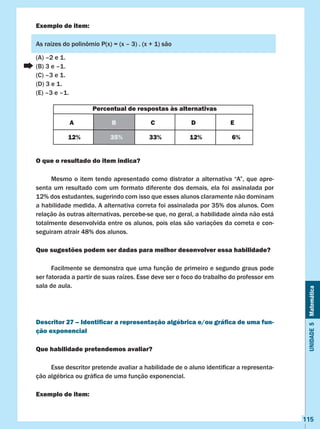 Unidade5Matemática
115
Exemplo de item:
As raízes do polinômio P(x) = (x – 3) . (x + 1) são
(A) –2 e 1.
(B) 3 e –1.	
(C) –3 e 1.	
(D) 3 e 1.	
(E) –3 e –1.
O que o resultado do item indica?
	 Mesmo o item tendo apresentado como distrator a alternativa “A”, que apre-
senta um resultado com um formato diferente dos demais, ela foi assinalada por
12% dos estudantes, sugerindo com isso que esses alunos claramente não dominam
a habilidade medida. A alternativa correta foi assinalada por 35% dos alunos. Com
relação às outras alternativas, percebe-se que, no geral, a habilidade ainda não está
totalmente desenvolvida entre os alunos, pois elas são variações da correta e con-
seguiram atrair 48% dos alunos.
Que sugestões podem ser dadas para melhor desenvolver essa habilidade?
	 Facilmente se demonstra que uma função de primeiro e segundo graus pode
ser fatorada a partir de suas raízes. Esse deve ser o foco do trabalho do professor em
sala de aula.
Descritor 27 – Identificar a representação algébrica e/ou gráfica de uma fun-
ção exponencial
Que habilidade pretendemos avaliar?
	 Esse descritor pretende avaliar a habilidade de o aluno identificar a representa-
ção algébrica ou gráfica de uma função exponencial.
Exemplo de item:
Percentual de respostas às alternativas
A B C D E
12% 35% 33% 12% 6%
 