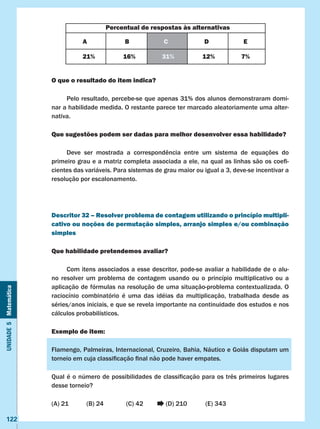 Unidade5Matemática
122
O que o resultado do item indica?
	 Pelo resultado, percebe-se que apenas 31% dos alunos demonstraram domi-
nar a habilidade medida. O restante parece ter marcado aleatoriamente uma alter-
nativa.
Que sugestões podem ser dadas para melhor desenvolver essa habilidade?
	 Deve ser mostrada a correspondência entre um sistema de equações do
primeiro grau e a matriz completa associada a ele, na qual as linhas são os coefi-
cientes das variáveis. Para sistemas de grau maior ou igual a 3, deve-se incentivar a
resolução por escalonamento.
Descritor 32 – Resolver problema de contagem utilizando o princípio multipli-
cativo ou noções de permutação simples, arranjo simples e/ou combinação
simples
Que habilidade pretendemos avaliar?
	 Com itens associados a esse descritor, pode-se avaliar a habilidade de o alu-
no resolver um problema de contagem usando ou o princípio multiplicativo ou a
aplicação de fórmulas na resolução de uma situação-problema contextualizada. O
raciocínio combinatório é uma das idéias da multiplicação, trabalhada desde as
séries/anos iniciais, e que se revela importante na continuidade dos estudos e nos
cálculos probabilísticos.
Exemplo de item:
Flamengo, Palmeiras, Internacional, Cruzeiro, Bahia, Náutico e Goiás disputam um
torneio em cuja classificação final não pode haver empates.
Qual é o número de possibilidades de classificação para os três primeiros lugares
desse torneio?
(A) 21	 (B) 24		 (C) 42		 (D) 210	 (E) 343
Percentual de respostas às alternativas
A B C D E
21% 16% 31% 12% 7%
 