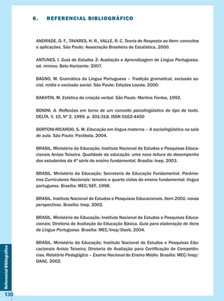 ReferencialBibliográfico
130
6.	 REFERENCIAL BIBLIOGRÁFICO
ANDRADE, D. F., TAVARES, H. R., VALLE, R. C. Teoria de Resposta ao Item: conceitos
e aplicações. São Paulo: Associação Brasileira de Estatística, 2000.
ANTUNES, I. Guia de Estudos 3: Avaliação e Aprendizagem de Língua Portuguesa.
ed. mimeo. Belo Horizonte: 2007.
BAGNO, M. Gramática da Língua Portuguesa – Tradição gramatical, exclusão so-
cial, mídia e exclusão social. São Paulo: Edições Loyola, 2000.
BAKHTIN, M. Estética da criação verbal. São Paulo: Martins Fontes, 1992.
BONINI, A. Reflexões em torno de um conceito psicolingüístico de tipo de texto.
DELTA, V. 15, Nº 2, 1999. p. 301-318. ISSN 0162-4450
BORTONI-RICARDO, S. M. Educação em língua materna – A sociolingüística na sala
de aula. São Paulo: Parábola, 2004.
BRASIL. Ministério da Educação; Instituto Nacional de Estudos e Pesquisas Educa-
cionais Anísio Teixeira. Qualidade da educação: uma nova leitura do desempenho
dos estudantes da 4ª série do ensino fundamental, Brasília: Inep, 2003.
BRASIL. Ministério da Educação; Secretaria de Educação Fundamental. Parâme-
tros Curriculares Nacionais: terceiro e quarto ciclos do ensino fundamental: língua
portuguesa. Brasília: MEC/SEF, 1998.
BRASIL. Instituto Nacional de Estudos e Pesquisas Educacionais. Item 2001: novas
perspectivas. Brasília: Inep, 2002.
BRASIL. Ministério da Educação; Instituto Nacional de Estudos e Pesquisas Educa-
cionais; Diretoria de Avaliação da Educação Básica. Guia para elaboração de itens
de Língua Portuguesa. Brasília: MEC/Inep/Daeb, 2004.
BRASIL. Ministério da Educação; Instituto Nacional de Estudos e Pesquisas Edu-
cacionais Anísio Teixeira; Diretoria de Avaliação para Certificação de Competên-
cias. Relatório Pedagógico – Exame Nacional do Ensino Médio. Brasília: MEC/Inep/
DAAC, 2002.
 