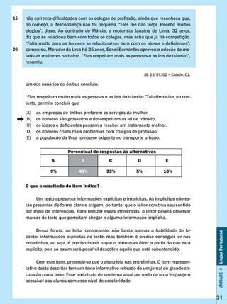 Unidade4LínguaPortuguesa
31
não enfrenta dificuldades com os colegas de profissão, ainda que reconheça que,
no começo, a desconfiança não foi pequena. “Eles me dão força. Recebo muitos
elogios”, disse. Ao contrário de Márcia, a motorista Janaína de Lima, 32 anos,
diz que se relaciona bem com todos os colegas, mas acha que já há competição.
“Falta muito para os homens se relacionarem bem com os idosos e deficientes”,
comparou. Morador da Urca há 25 anos, Ednei Bernardes aprovou a adoção de mo-
toristas mulheres no bairro. “Elas respeitam mais as pessoas e as leis de trânsito”,
resumiu.
JB, 23/07/02 – Cidade. C1.
Um dos usuários do ônibus concluiu:
“Elas respeitam muito mais as pessoas e as leis do trânsito.”Tal afirmativa, no con-
texto, permite concluir que
(A)	 as empresas de ônibus preferem os serviços da mulher.
(B)	 os homens são grosseiros e desrespeitam as lei de trânsito.
(C)	 os idosos e deficientes passam a receber um tratamento melhor.
(D)	 os homens criam mais problemas com colegas de profissão.
(E)	 a população da Urca tornou-se exigente no transporte urbano.
O que o resultado do item indica?
	 Um texto apresenta informações explícitas e implícitas. As implícitas não es-
tão presentes de forma clara e exigem, portanto, que o leitor construa seu sentido
por meio de inferências. Para realizar essas inferências, o leitor deverá observar
marcas do texto que permitam chegar a alguma informação implícita.
	 Dessa forma, ao leitor competente, não basta apenas a habilidade de lo-
calizar informações explícitas no texto, mas também é preciso conseguir ler nas
entrelinhas, ou seja, é preciso inferir o que o texto quer dizer a partir do que está
explícito, pois só assim será possível descobrir aquilo que está subentendido.
	 Com este item, pretende-se que o aluno leia nas entrelinhas. O item represen-
tativo deste descritor tem um texto informativo retirado de um jornal de grande cir-
culação como base. Esse texto trata de um tema atual por meio de uma linguagem
acessível aos alunos com esse nível de escolaridade.
Percentual de respostas às alternativas
A B C D E
9% 43% 33% 5% 10%
15
20
 