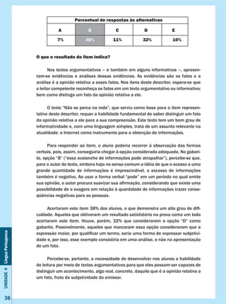 Unidade4LínguaPortuguesa
36
O que o resultado do item indica?
	 Nos textos argumentativos – e também em alguns informativos –, apresen-
tam-se evidências e análises dessas evidências. As evidências são os fatos e a
análise é a opinião relativa a esses fatos. Nos itens deste descritor, espera-se que
o leitor competente reconheça os fatos em um texto argumentativo ou informativo;
bem como distinga um fato da opinião relativa a ele.
	 O texto “Não se perca na rede”, que serviu como base para o item represen-
tativo deste descritor, requer a habilidade fundamental de saber distinguir um fato
da opinião relativa a ele para a sua compreensão. Este texto tem um bom grau de
informatividade e, com uma linguagem simples, trata de um assunto relevante na
atualidade: a Internet como instrumento para a obtenção de informações.
	 Para responder ao item, o aluno poderia recorrer à observação das formas
verbais, pois, assim, conseguiria chegar à opção considerada adequada. No gabari-
to, opção “B” (“essa avalanche de informações pode atrapalhar”), percebe-se que,
para o autor do texto, embora haja no senso comum a idéia de que o acesso a uma
grande quantidade de informações é imprescindível, o excesso de informações
também é negativo. Ao usar a forma verbal “pode” em um período no qual emite
sua opinião, o autor procura suavizar sua afirmação, considerando que existe uma
possibilidade de o exagero em relação à quantidade de informações trazer conse-
qüências negativas para as pessoas.
	 Acertaram este item 38% dos alunos, o que demonstra um alto grau de difi-
culdade. Aqueles que obtiveram um resultado satisfatório na prova como um todo
acertaram este item. Houve, porém, 32% que consideraram a opção “D” como
gabarito. Possivelmente, aqueles que marcaram essa opção consideraram que a
expressão maior, por qualificar um termo, seria uma forma de expressar subjetivi-
dade e, por isso, esse exemplo consistiria em uma análise, e não na apresentação
de um fato.
	 Percebe-se, portanto, a necessidade de desenvolver nos alunos a habilidade
de leitura por meio de textos argumentativos para que eles possam ser capazes de
distinguir um acontecimento, algo real, concreto, daquilo que é a opinião relativa a
um fato, fruto da subjetividade do emissor.
Percentual de respostas às alternativas
A B C D E
7% 38% 11% 32% 10%
 