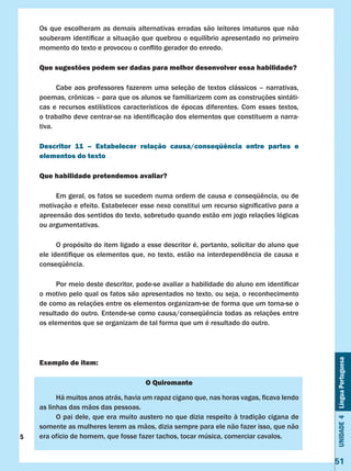 Unidade4LínguaPortuguesa
51
Os que escolheram as demais alternativas erradas são leitores imaturos que não
souberam identificar a situação que quebrou o equilíbrio apresentado no primeiro
momento do texto e provocou o conflito gerador do enredo.
Que sugestões podem ser dadas para melhor desenvolver essa habilidade?
	 Cabe aos professores fazerem uma seleção de textos clássicos – narrativas,
poemas, crônicas – para que os alunos se familiarizem com as construções sintáti-
cas e recursos estilísticos característicos de épocas diferentes. Com esses textos,
o trabalho deve centrar-se na identificação dos elementos que constituem a narra-
tiva.
Descritor 11 – Estabelecer relação causa/conseqüência entre partes e
elementos do texto
Que habilidade pretendemos avaliar?
	 Em geral, os fatos se sucedem numa ordem de causa e conseqüência, ou de
motivação e efeito. Estabelecer esse nexo constitui um recurso significativo para a
apreensão dos sentidos do texto, sobretudo quando estão em jogo relações lógicas
ou argumentativas.
	 O propósito do item ligado a esse descritor é, portanto, solicitar do aluno que
ele identifique os elementos que, no texto, estão na interdependência de causa e
conseqüência.
	 Por meio deste descritor, pode-se avaliar a habilidade do aluno em identificar
o motivo pelo qual os fatos são apresentados no texto, ou seja, o reconhecimento
de como as relações entre os elementos organizam-se de forma que um torna-se o
resultado do outro. Entende-se como causa/conseqüência todas as relações entre
os elementos que se organizam de tal forma que um é resultado do outro.
Exemplo de item:
O Quiromante
	 Há muitos anos atrás, havia um rapaz cigano que, nas horas vagas, ficava lendo
as linhas das mãos das pessoas.
	 O pai dele, que era muito austero no que dizia respeito à tradição cigana de
somente as mulheres lerem as mãos, dizia sempre para ele não fazer isso, que não
era ofício de homem, que fosse fazer tachos, tocar música, comerciar cavalos.5
 