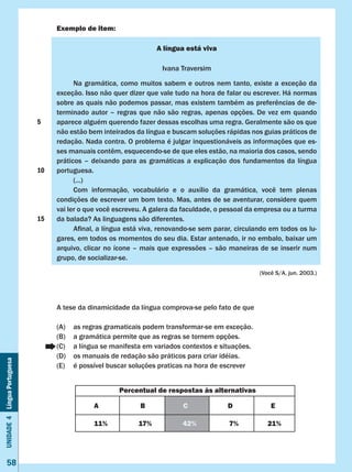 Unidade4LínguaPortuguesa
58
Exemplo de item:
A língua está viva
Ivana Traversim
	 Na gramática, como muitos sabem e outros nem tanto, existe a exceção da
exceção. Isso não quer dizer que vale tudo na hora de falar ou escrever. Há normas
sobre as quais não podemos passar, mas existem também as preferências de de-
terminado autor – regras que não são regras, apenas opções. De vez em quando
aparece alguém querendo fazer dessas escolhas uma regra. Geralmente são os que
não estão bem inteirados da língua e buscam soluções rápidas nos guias práticos de
redação. Nada contra. O problema é julgar inquestionáveis as informações que es-
ses manuais contêm, esquecendo-se de que eles estão, na maioria dos casos, sendo
práticos – deixando para as gramáticas a explicação dos fundamentos da língua
portuguesa.
	 (...)
	 Com informação, vocabulário e o auxílio da gramática, você tem plenas
condições de escrever um bom texto. Mas, antes de se aventurar, considere quem
vai ler o que você escreveu. A galera da faculdade, o pessoal da empresa ou a turma
da balada? As linguagens são diferentes.
	 Afinal, a língua está viva, renovando-se sem parar, circulando em todos os lu-
gares, em todos os momentos do seu dia. Estar antenado, ir no embalo, baixar um
arquivo, clicar no ícone – mais que expressões – são maneiras de se inserir num
grupo, de socializar-se.
(Você S/A, jun. 2003.)
A tese da dinamicidade da língua comprova-se pelo fato de que
(A)	 as regras gramaticais podem transformar-se em exceção.
(B)	 a gramática permite que as regras se tornem opções.
(C)	 a língua se manifesta em variados contextos e situações.
(D)	 os manuais de redação são práticos para criar idéias.
(E)	 é possível buscar soluções praticas na hora de escrever
Percentual de respostas às alternativas
A B C D E
11% 17% 42% 7% 21%
5
10
15
 