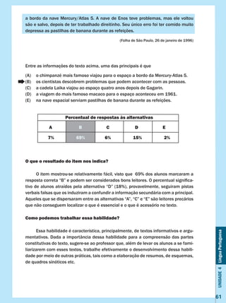 Unidade4LínguaPortuguesa
61
a bordo da nave Mercury/Atlas 5. A nave de Enos teve problemas, mas ele voltou
são e salvo, depois de ter trabalhado direitinho. Seu único erro foi ter comido muito
depressa as pastilhas de banana durante as refeições.
(Folha de São Paulo, 26 de janeiro de 1996)
Entre as informações do texto acima, uma das principais é que
(A)	 o chimpanzé mais famoso viajou para o espaço a bordo da Mercury-Atlas 5.
(B)	 os cientistas descobrem problemas que podem acontecer com as pessoas.
(C)	 a cadela Laika viajou ao espaço quatro anos depois de Gagarin.
(D)	 a viagem do mais famoso macaco para o espaço aconteceu em 1961.
(E)	 na nave espacial serviam pastilhas de banana durante as refeições.
O que o resultado do item nos indica?
	 O item mostrou-se relativamente fácil, visto que 69% dos alunos marcaram a
resposta correta “B” e podem ser considerados bons leitores. O percentual significa-
tivo de alunos atraídos pela alternativa “D” (18%), provavelmente, seguiram pistas
verbais falsas que os induziram a confundir a informação secundária com a principal.
Aqueles que se dispersaram entre as alternativas “A”, “C” e “E” são leitores precários
que não conseguem localizar o que é essencial e o que é acessório no texto.
Como podemos trabalhar essa habilidade?
	 Essa habilidade é característica, principalmente, de textos informativos e argu-
mentativos. Dada a importância dessa habilidade para a compreensão das partes
constitutivas do texto, sugere-se ao professor que, além de levar os alunos a se fami-
liarizarem com esses textos, trabalhe efetivamente o desenvolvimento dessa habili-
dade por meio de outras práticas, tais como a elaboração de resumos, de esquemas,
de quadros sinóticos etc.
Percentual de respostas às alternativas
A B C D E
7% 69% 6% 15% 2%
 