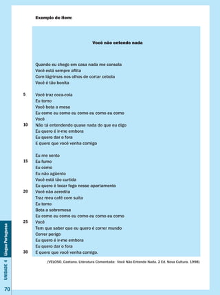 Unidade4LínguaPortuguesa
70
Exemplo de item:
Você não entende nada
Quando eu chego em casa nada me consola
Você está sempre aflita
Com lágrimas nos olhos de cortar cebola
Você é tão bonita
Você traz coca-cola
Eu tomo
Você bota a mesa
Eu como eu como eu como eu como eu como
Você
Não tá entendendo quase nada do que eu digo
Eu quero é ir-me embora
Eu quero dar o fora
E quero que você venha comigo
Eu me sento
Eu fumo
Eu como
Eu não agüento
Você está tão curtida
Eu quero é tocar fogo nesse apartamento
Você não acredita
Traz meu café com suíta
Eu tomo
Bota a sobremesa
Eu como eu como eu como eu como eu como
Você
Tem que saber que eu quero é correr mundo
Correr perigo
Eu quero é ir-me embora
Eu quero dar o fora
E quero que você venha comigo.
(VELOSO, Caetano. Literatura Comentada:  Você Não Entende Nada. 2 Ed. Nova Cultura. 1998)
5
10
15
20
25
30
 