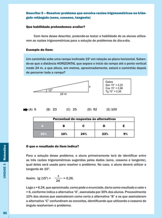 Unidade5Matemática
86
Descritor 5 – Resolver problema que envolva razões trigonométricas no triân-
gulo retângulo (seno, cosseno, tangente)
Que habilidade pretendemos avaliar?
	 Com itens desse descritor, pretende-se testar a habilidade de os alunos utiliza-
rem as razões trigonométricas para a solução de problemas do dia-a-dia.
Exemplo de item:
Um caminhão sobe uma rampa inclinada 15o
em relação ao plano horizontal. Saben-
do-se que a distância HORIZONTAL que separa o início da rampa até o ponto vertical
mede 24 m, a que altura, em metros, aproximadamente, estará o caminhão depois
de percorrer toda a rampa?
(A) 6	 (B) 23	 (C) 25	 (D) 92	 (E) 100
O que o resultado do item indica?
Para a solução desse problema, o aluno primeiramente terá de identificar entre
as três razões trigonométricas sugeridas pelos dados (seno, cosseno e tangente),
qual delas será usada para resolver o problema. No caso, o aluno deverá utilizar a
tangente de 15º.
Assim:  tg (15º) =               = 0,26.
Logox =6,24,queaproximado,comopedeoenunciado,dariacomoresultadoovalorx
= 6, conforme indica a alternativa “A”, assinalada por 30% dos alunos. Provavelmente
10% dos alunos que assinalaram como certa a alternativa “B” e os que assinalaram
a alternativa “C” confundiram os conceitos, identificando que utilizando o cosseno do
ângulo resolveriam o problema.
Percentual de respostas às alternativas
A B C D E
30% 10% 24% 23% 9%
x
24
 