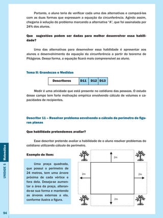 Unidade5Matemática
94
	 Portanto, o aluno teria de verificar cada uma das alternativas e compará-las
com as duas formas que expressam a equação da circunferência. Agindo assim,
chegaria à solução do problema marcando a alternativa “A”, que foi assinalada por
24% dos alunos.
Que sugestões podem ser dadas para melhor desenvolver essa habili-
dade?
	 Uma das alternativas para desenvolver essa habilidade é apresentar aos
alunos o desenvolvimento da equação da circunferência a partir do teorema de                          
Pitágoras. Dessa forma, a equação ficará mais compreensível ao aluno.
Tema II: Grandezas e Medidas
	 Medir é uma atividade que está presente no cotidiano das pessoas. O estudo
desse campo tem forte motivação empírica envolvendo cálculo de volumes e ca-
pacidades de recipientes.
Descritor 11 – Resolver problema envolvendo o cálculo de perímetro de figu-
ras planas
Que habilidade pretendemos avaliar?
	 Esse descritor pretende avaliar a habilidade de o aluno resolver problemas do
cotidiano utilizando cálculo de perímetro.
Exemplo de item:
	 Uma praça quadrada,
que possui o perímetro de
24 metros, tem uma árvore
próxima de cada vértice e
fora dela. Deseja-se aumen-
tar a área da praça, alteran-
do-se sua forma e mantendo
as árvores externas a ela,
conforme ilustra a figura.
Descritores D11 D12 D13
2m
2m
2m2m
 