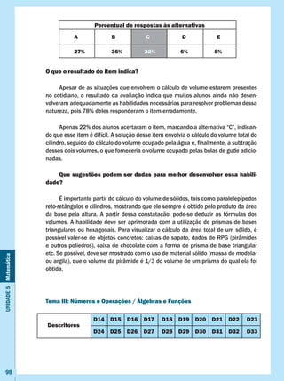 Unidade5Matemática
98
O que o resultado do item indica?
	 Apesar de as situações que envolvem o cálculo de volume estarem presentes
no cotidiano, o resultado da avaliação indica que muitos alunos ainda não desen-
volveram adequadamente as habilidades necessárias para resolver problemas dessa
natureza, pois 78% deles responderam o item erradamente.
	 Apenas 22% dos alunos acertaram o item, marcando a alternativa “C”, indican-
do que esse item é difícil. A solução desse item envolvia o cálculo do volume total do
cilindro, seguido do cálculo do volume ocupado pela água e, finalmente, a subtração
desses dois volumes, o que forneceria o volume ocupado pelas bolas de gude adicio-
nadas.
	 Que sugestões podem ser dadas para melhor desenvolver essa habili-
dade?
	 É importante partir do cálculo do volume de sólidos, tais como paralelepípedos
reto-retângulos e cilindros, mostrando que ele sempre é obtido pelo produto da área
da base pela altura. A partir dessa constatação, pode-se deduzir as fórmulas dos
volumes. A habilidade deve ser aprimorada com a utilização de prismas de bases
triangulares ou hexagonais. Para visualizar o cálculo da área total de um sólido, é
possível valer-se de objetos concretos: caixas de sapato, dados de RPG (pirâmides
e outros poliedros), caixa de chocolate com a forma de prisma de base triangular
etc. Se possível, deve ser mostrado com o uso de material sólido (massa de modelar
ou argila), que o volume da pirâmide é 1/3 do volume de um prisma do qual ela foi
obtida.
Tema III: Números e Operações / Álgebras e Funções
	
Percentual de respostas às alternativas
A B C D E
27% 36% 22% 6% 8%
D14 D15 D16 D17 D18 D19 D20 D21 D22 D23
Descritores
D24 D25 D26 D27 D28 D29 D30 D31 D32 D33
 