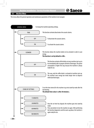 Machine Installation - Service Provider Manual
 9.5     Machine Menu
This menu allows the general operation and maintenance parameters of the machine to be managed.




           GENERAL MENU                    To change the machine operating settings.


                            TONE                       This function activates/deactivates the acoustic alarms.


                                        OFF                     To deactivate the acoustic alarms.


                                         ON                     To activate the acoustic alarms



                          ECOMODE                      This function allows the machine boilers to be activated in order to save
                                                       energy.
                                                       The function is set by default to «ON».


                                                                This function activates all the boilers at every machine start-up, to
                                                                be immediately able to prepare all kinds of beverages. The power
                                        OFF
                                                                consumption is higher this way, because the machine is always
                                                                ready for use.


                                                                This way, only the coffee boiler is activated at machine start-up.
                                         ON                     The machine saves energy but needs longer time to dispense
                                                                milk-based beverages.




                                                       To set the time interval for the machine to go into stand-by mode after the
                     STAND-BY SETTINGS                 last brewing.
                                                       The default time value is «after 30 minutes».


                                    15 MINUTES


                                    30 MINUTES                  Once the set time has elapsed, the machine goes into stand-by
                                                                mode.
                                    60 MINUTES                  Press any button to turn the machine on again. After performing
                                                                the function diagnostics and the warm-up phase, the machine is
                                                                again ready for use.
                                    180 MINUTES

• 38 •
 