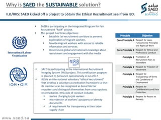 www.saed.sa
ILO/IRIS: SAED kicked off a project to obtain the Ethical Recruitment seal from ILO.
▪ SAED is participating in the Integrated Program for Fair
Recruitment “FAIR” project.
▪ This project has three objectives:
▪ Establish fair recruitment corridors to prevent
exploitation of migrant workers.
▪ Provide migrant workers with access to reliable
information and services.
▪ Disseminate global and national knowledge about
recruitment and engagement with the media
▪ SAED is participating in the International Recruitment
Integrity System (IRIS) project. This certification program
is planned to be launch operationally in Jun 2017
▪ IRIS is an international voluntary “ethical recruitment”
that develop a voluntary accreditation framework so that
its members can be recognized as bona fide fair
recruiters and distinguish themselves from unscrupulous
intermediaries. IRIS code of conduct includes:
▪ No fee charging to job seekers
▪ No retention of workers’ passports or identity
documents
▪ A requirement for transparency in their labor
supply chain
Core Principle A Respect for Laws,
Fundamental Principles
and Rights at Work
Core Principle B Respect for Ethical and
Professional Conduct
Principle 1 Prohibition of
Recruitment Fees to
Jobseekers
Principle 2 Respect for Freedom of
Movement
Principle 3 Respect for
Transparency of Terms
and Conditions of
Employment
Principle 4 Respect for
Confidentiality and Data
Protection
Principle 5 Respect for Access to
Remedy
Why is SAED the SUSTAINABLE solution?
 