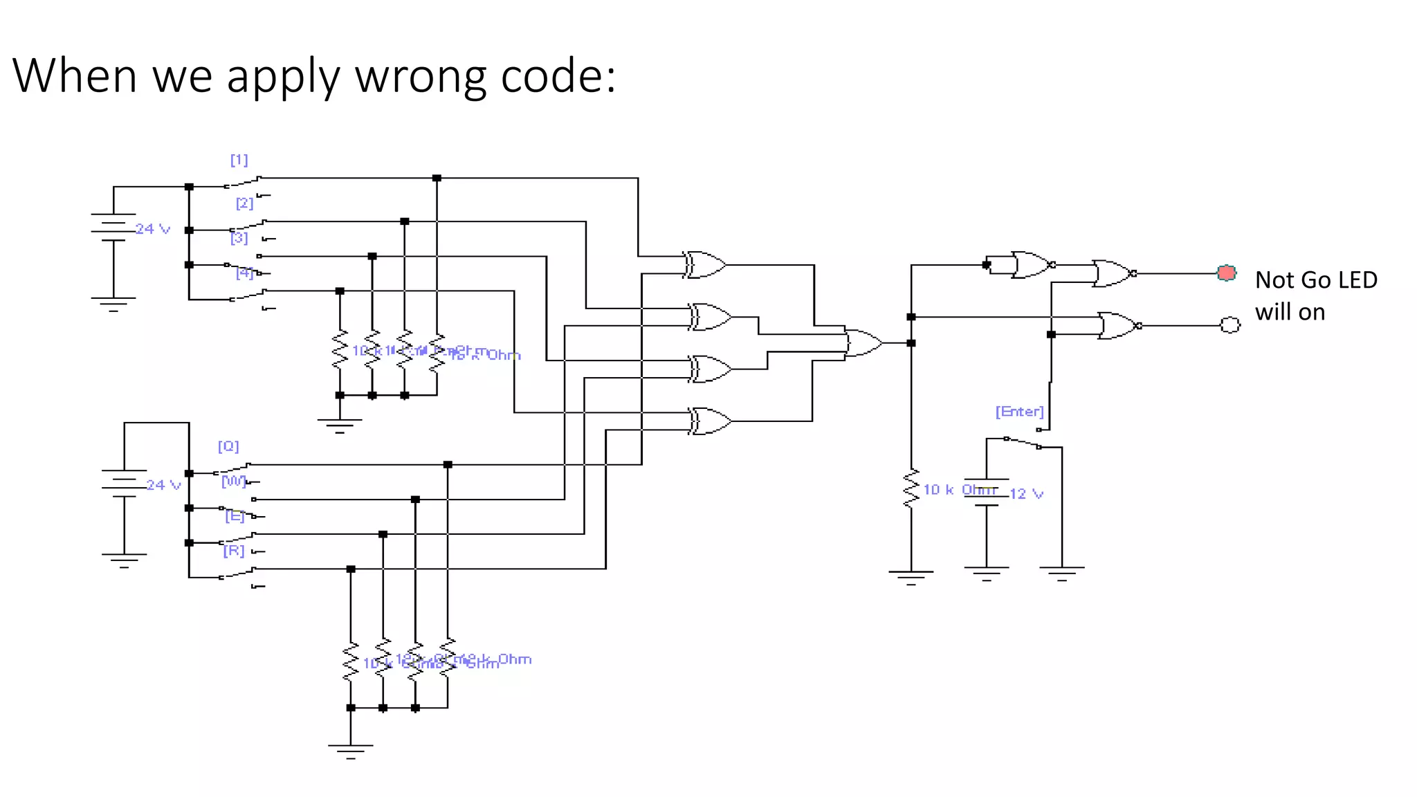 When we apply wrong code:
Not Go LED
will on