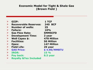 Economic Model for Tight & Shale Gas
(Brown Field )
 GIIP: 1 TCF
 Recoverable Reserves: 240 BCF
 Number of wells: 25
 Failure: 10%
 Gas Flow Rate: 5MMSCFD
 Development Time: 2 year
 Well Capex $: 478 Million
 Facilities: 50 Million
 Opex: 147 Million
 Field Life: 25 year
 GAS Price: $ 4.90/MMBTU
 IROR: 15 %
 Pay back: 8.5 year
 Royalty &Tex Included
 