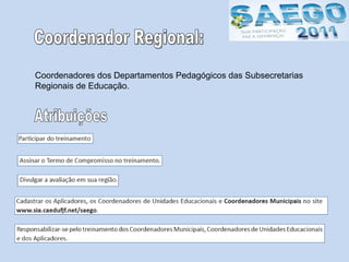 Coordenador Regional: Coordenadores dos Departamentos Pedagógicos das Subsecretarias Regionais de Educação. Atribuições