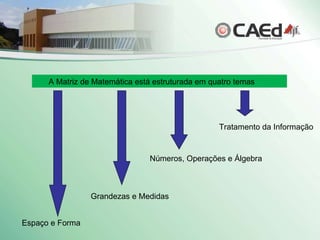 A Matriz de Matemática está estruturada em quatro temas Espaço e Forma Grandezas e Medidas Números, Operações e Álgebra Tratamento da Informação 