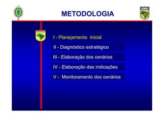 METODOLOGIA
I - Planejamento inicial
II - Diagnóstico estratégico
III - Elaboração dos cenáriosIII - Elaboração dos cenários
IV - Elaboração das indicações
V - Monitoramento dos cenários
 