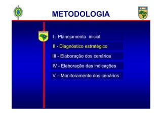 I - Planejamento inicial
II - Diagnóstico estratégico
III - Elaboração dos cenários
METODOLOGIA
III - Elaboração dos cenários
IV - Elaboração das indicações
V – Monitoramento dos cenários
 