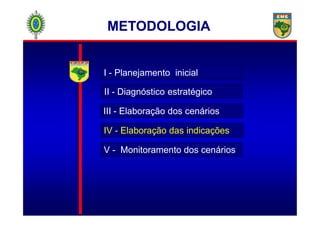 I - Planejamento inicial
II - Diagnóstico estratégico
III - Elaboração dos cenários
METODOLOGIAMETODOLOGIA
III - Elaboração dos cenários
IV - Elaboração das indicações
V - Monitoramento dos cenários
 