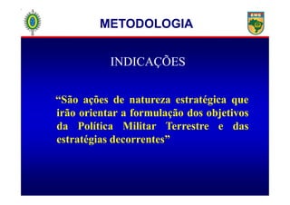 METODOLOGIA
INDICAÇÕES
“São ações de natureza estratégica que“São ações de natureza estratégica que
irão orientar a formulação dos objetivos
da Política Militar Terrestre e das
estratégias decorrentes”
 