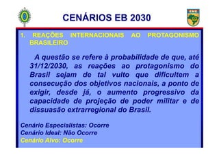 1. REAÇÕES INTERNACIONAIS AO PROTAGONISMO
BRASILEIRO
A questão se refere à probabilidade de que, até
31/12/2030, as reações ao protagonismo do
Brasil sejam de tal vulto que dificultem a
CENÁRIOS EB 2030
Brasil sejam de tal vulto que dificultem a
consecução dos objetivos nacionais, a ponto de
exigir, desde já, o aumento progressivo da
capacidade de projeção de poder militar e de
dissuasão extrarregional do Brasil.
Cenário Especialistas: Ocorre
Cenário Ideal: Não Ocorre
Cenário Alvo: Ocorre
 