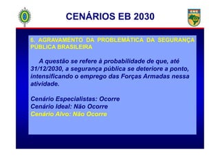 6. AGRAVAMENTO DA PROBLEMÁTICA DA SEGURANÇA
PÚBLICA BRASILEIRA
A questão se refere à probabilidade de que, até
31/12/2030, a segurança pública se deteriore a ponto,
intensificando o emprego das Forças Armadas nessa
CENÁRIOS EB 2030
intensificando o emprego das Forças Armadas nessa
atividade.
Cenário Especialistas: Ocorre
Cenário Ideal: Não Ocorre
Cenário Alvo: Não Ocorre
 