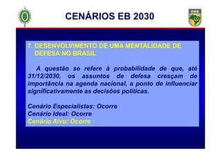 CENÁRIOS EB 2030
7. DESENVOLVIMENTO DE UMA MENTALIDADE DE
DEFESA NO BRASIL
A questão se refere à probabilidade de que, até
31/12/2030, os assuntos de defesa cresçam de31/12/2030, os assuntos de defesa cresçam de
importância na agenda nacional, a ponto de influenciar
significativamente as decisões políticas.
Cenário Especialistas: Ocorre
Cenário Ideal: Ocorre
Cenário Alvo: Ocorre
 