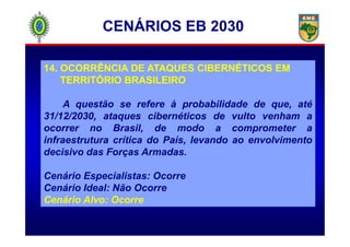 CENÁRIOS EB 2030
14. OCORRÊNCIA DE ATAQUES CIBERNÉTICOS EM
TERRITÓRIO BRASILEIRO
A questão se refere à probabilidade de que, até
31/12/2030, ataques cibernéticos de vulto venham a
ocorrer no Brasil, de modo a comprometer aocorrer no Brasil, de modo a comprometer a
infraestrutura crítica do País, levando ao envolvimento
decisivo das Forças Armadas.
Cenário Especialistas: Ocorre
Cenário Ideal: Não Ocorre
Cenário Alvo: Ocorre
 